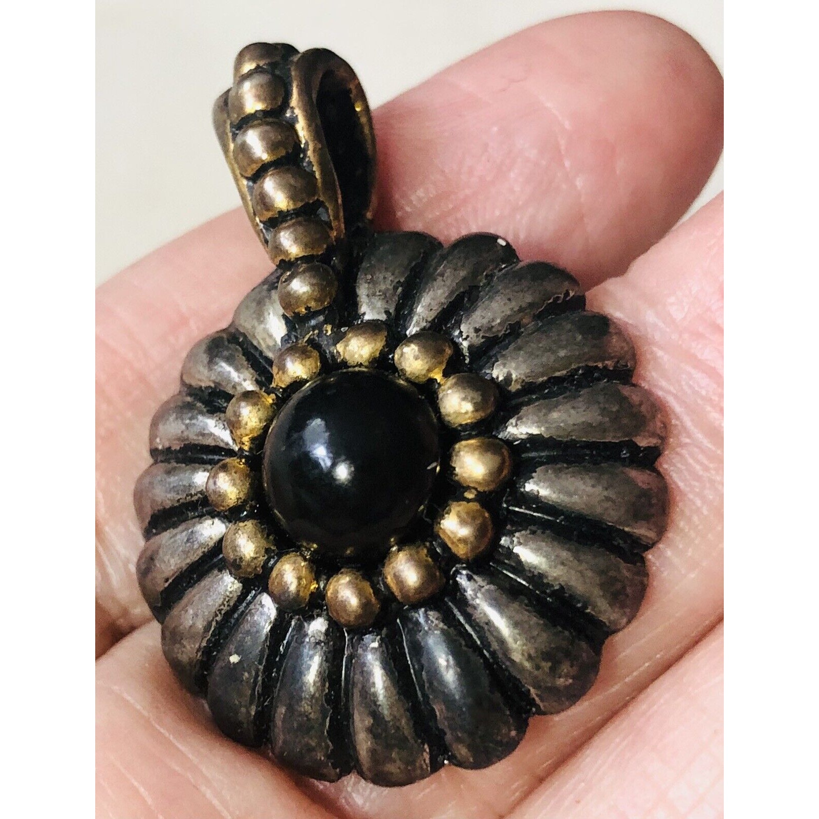 Vintage Brutalist Style Pendant Round Metal Flower Petals Goldtone Silvertone